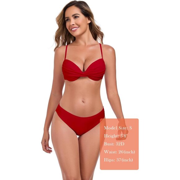 Women's Red Push Up Bikini Tops Ruched Twist Front Underwear Top Swimsuit - Picture 6 of 8